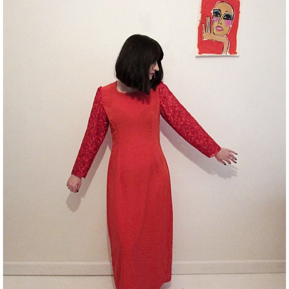 90s Bright Red Silk & Lace Maxi Sheath Dress, lon… - image 4