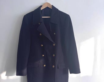Vintage  Navy Blue Tailored Midi Coat, Vintage Gold Button