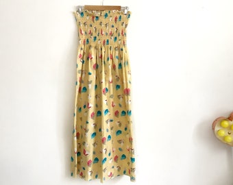 Vintage gele bloemen katoen seersucker strapless jurk jaren '70