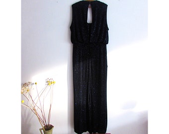 Vintage originele jaren '80 Ossie Clark London Sparkly, geplooide en gedrapeerde jurk zwart met blauwe glitter, V voorkant, Studio 54