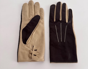 Vintage  Brown Beige Leather Gloves 90s