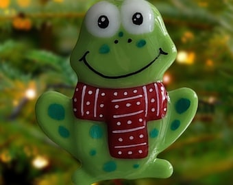 Fused glass ornament, frog and his little scarf. Decorative ornament for Christmas tree. Handmade. Creation of Luluverre
