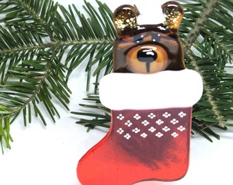 Christmas ornament, Christmas stocking with teddy bear. Fused glass. Fusing glass ornament. Artisanal creation by Luluverre.