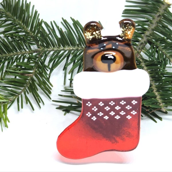 Christmas ornament, Christmas stocking with teddy bear. Fused glass. Fusing glass ornament. Artisanal creation by Luluverre.