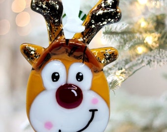 Small red nosed reindeer ornament in fused glass. Fusing glass ornament, Handmade creation by Luluverre, handmade, made in Quebec