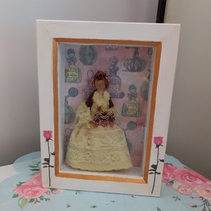 Vintage Peg Doll - Framed Vintage Peg Doll in Victorian Dress - Victorian Style Peg Doll