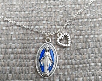 Miraculous Medal - Silver Blue Enamel Miraculous Medal With 16 inch Silver Chain - Protection Miraculous Catholic Medal