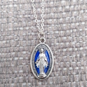 Miraculous Medal - Silver Blue Enamel Miraculous Medal With 16 inch Silver Chain - Protection Miraculous Catholic Medal