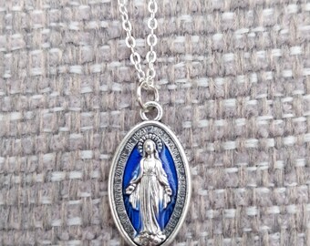 Miraculous Medal - Silver Blue Enamel Miraculous Medal With 16 inch Silver Chain - Protection Miraculous Catholic Medal