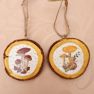 2 Wooden Slice Toadstool Christmas Decoration - Pair of Hand-decorated Unique mushroom slices Wooden. Fairy Tale Hanging Wood Slices
