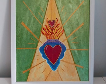 Burning Heart, Sacred Heart Original Painting - Mexican Corazon Art On Canvas- Abstract Original Acrylic Framed Art, Esoteric Art