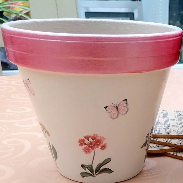 Flower Plant Pots- Hand-decorated Unique Terracotta Wild Flower and Butterfly Plant Pots with Pink Tops