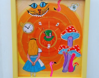 Alice in Wonderland Art - Alice in Wonderland Original Painting On Canvas-  Framed Canvas Alice in Wonderland Psychedelic Painting