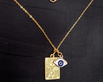 Sun and Moon Goddess Pendant Charm Necklaces - Handmade Sun and Moon Goddess Gold Tone Pendant Necklaces With Evil Eye Charm, Tarot Necklace