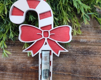 Adorno de bastón de caramelo de madera con láser: portamonedas navideño