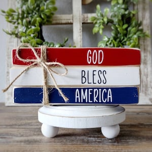 Patriotic Mini Book Stack, Tiered Tray Decor, God Bless America, Farmhouse Book Bundle, Shelf Sitter, 4th of July Decor