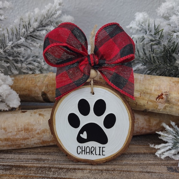 Custom Pet Ornament, Pawprint Ornament, Personalized Pet Name Ornament, Wood Slice Ornament, Farmhouse Ornament