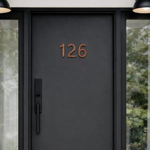 May include: A black front door with the number 126 in a copper finish. The door has a long black handle and is flanked by two black-framed windows. Two black dome lights are mounted above the door.