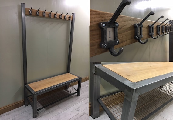 Industrial Hallway Steel Bench With Shoe Boot Storage and Oak