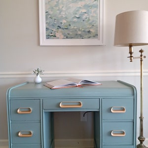 SOLD - Posted as Example of Work - 1930's Waterfall Desk - Blue with gold hardware and Rifle Paper Drawer Lining *Shipping Not Included*