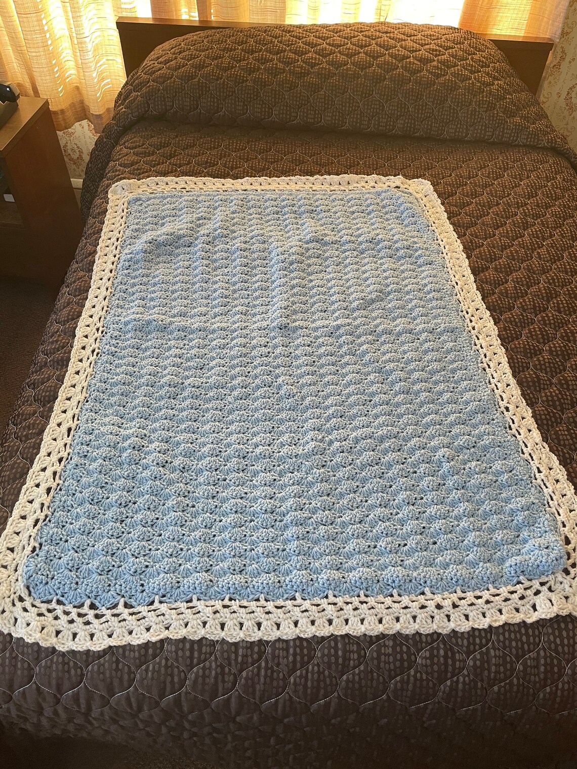 Blue afghan blanket with white trim Etsy