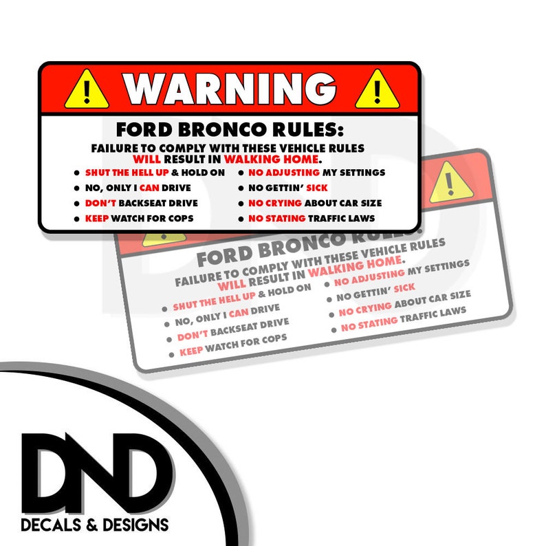 Ford Bronco Rules Car Warning Safety Vehicle Funny Sticker Etsy