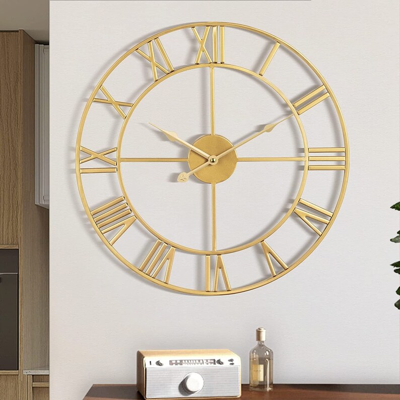 Large Wall Clock Metal Retro Roman Numeral Clock Modern Round Wall ...