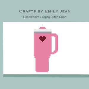 Puede incluir: Una taza rosa de arte de píxeles con un corazón en la parte delantera. La taza tiene una tapa y un asa. Punto de aguja / Gráfico de punto de cruz.