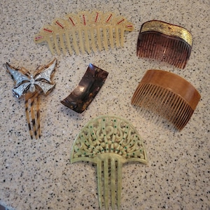 Victorian Celluloid Hair Combs Lot (6) Rhinestone 24k Gold Inlaid