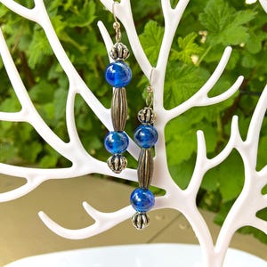 Silver and Blue Earrings, Unique OOAK Vintage Style Drop Dangle Earrings with Bright Blue Glass Beads, Handmade Jewellery in Silver Gift Box