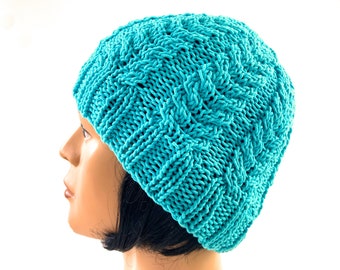 Gorro de algodón para mujer, tejido con hilo turquesa brillante, gorro de quimioterapia para mujer hecho a mano, gorro para alopecia, gorro para todas las estaciones