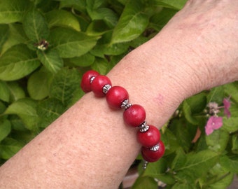 Red Wooden Bead Bracelet with Tibetan Silver Spacer Beads, Unique OOAK Handmade Jewellery, in White Gift Box