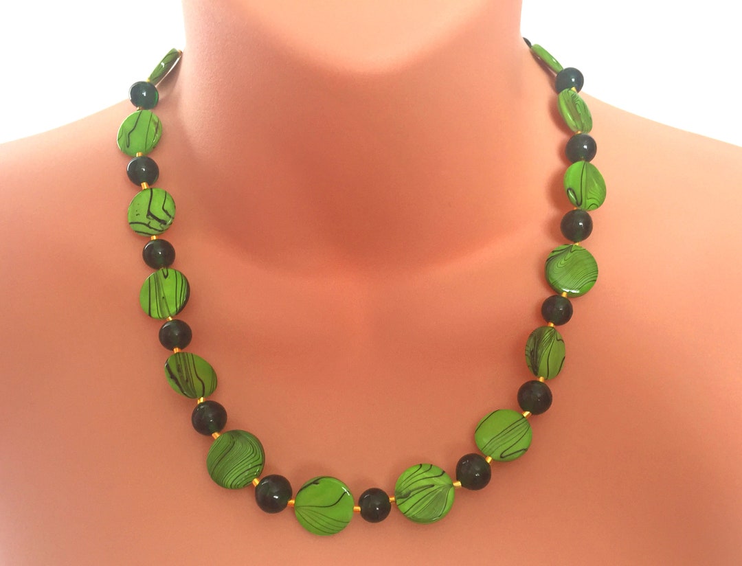 Green and Gold Disc Bead Necklace With Gold Plated Toggle Clasp, Unique