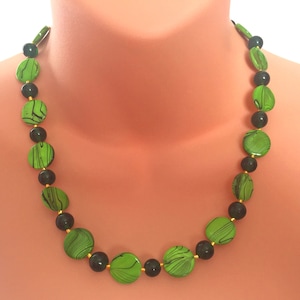 Green Bead Necklace with Bright Green Disc Beads, Dark Green Glass Beads, Gold Spacer Beads, Unique OOAK Handmade Jewellery in Gift Box