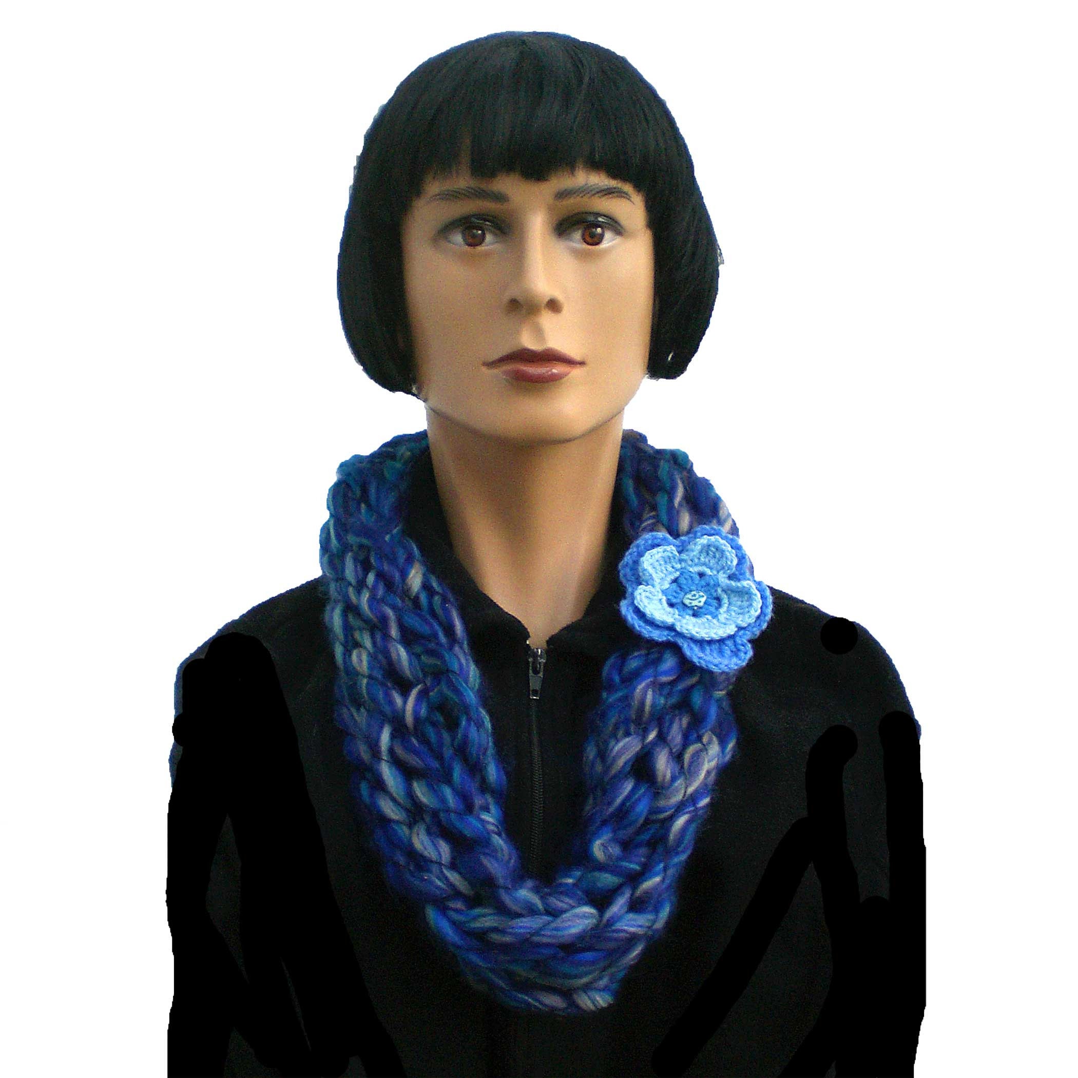 Blue and Grey Infinity Scarf Neck Warmer With Crochet Flower Etsy UK