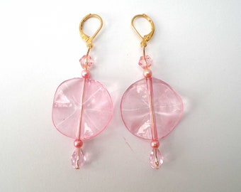 Pink Disc Bead Dangle Earrings, Drop Earrings with Gold Plated Lever Back Ear Wires, Unique OOAK Handmade Jewellery, in Silver Gift Box