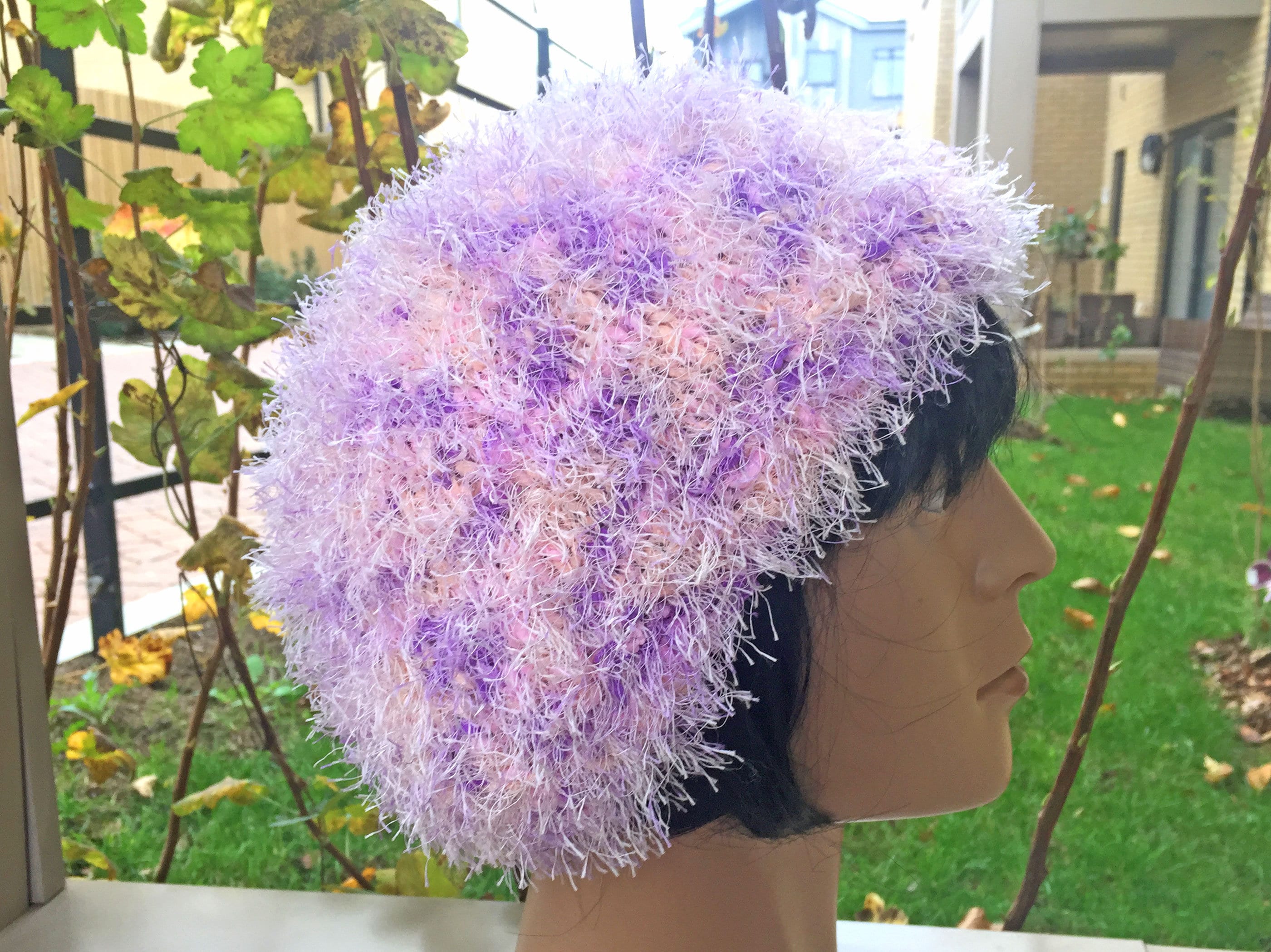 New Women's Handmade Knitted Beanie Hat Bernat Yarn Purple Sunset Pink