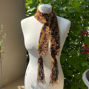 Women's Knitted Necktie Scarf, Multicolour Neck Warmer, Yellow, Orange and Black Ladies Accessory, Handmade Knitwear