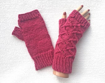 Hand Knitted Fingerless Gloves in Raspberry Pink Colour, Women's Handmade Finger Free Wrist Warmers
