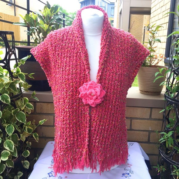 Pink Knitted Sleeveless Cardigan Jacket, Handmade Unique OOAK Women's Gilet, Waistcoat, Vest with Crochet Flower Brooch