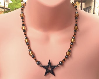 Black and Gold Bead Necklace with Star Medallion, Unique, OOAK Handmade Jewellery in Silver Gift Box