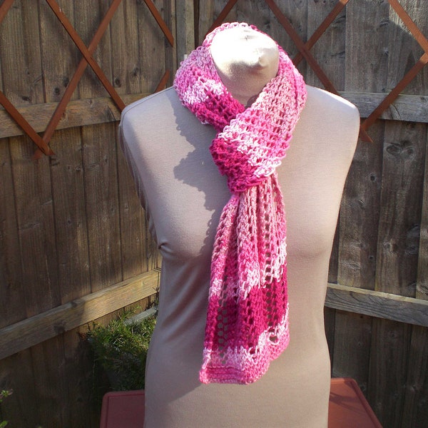 Knitted Lace Cotton Scarf in Shades of Pink, Peach and Violet-Red, Handmade Women's Summer Scarf or All Seasons Neck Warmer
