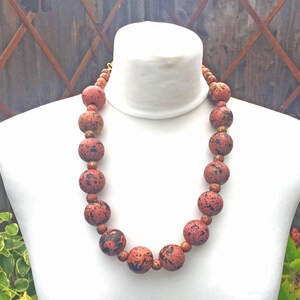 Chunky Bead Necklace with Pink, Black and Gold Wooden Beads, Unique OOAK Handmade Jewellery, in Grey Gift Box