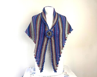 Multicolour Triangle Shawl, Hand Knitted with Wool Blend Yarn. Unique OOAK Blue, Purple, Green and Brown Women's Wrap with Flower Brooch