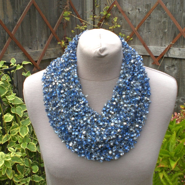 Blue and Silver Ladder Yarn Infinity Scarf, Women's Knitted Summer Scarf. Handmade All Seasons Neck Warmer