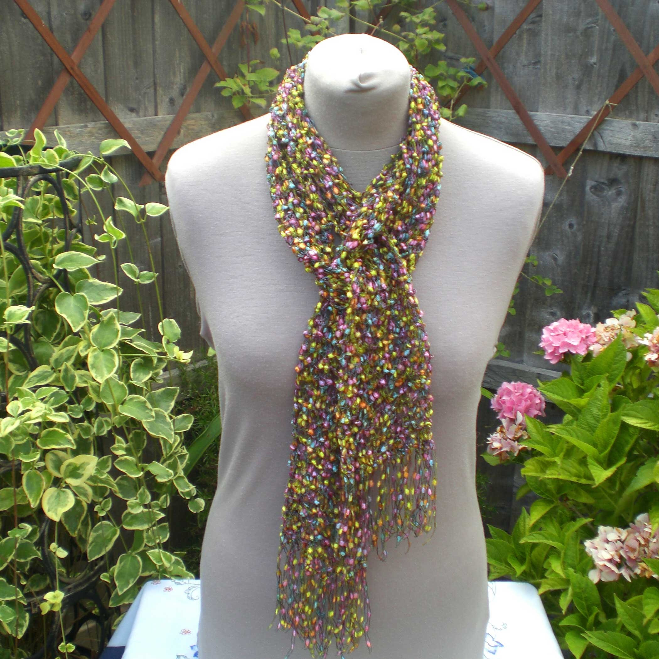 Multicolour Knitted Ladder Yarn Scarf Yellow Pink and Blue Etsy UK