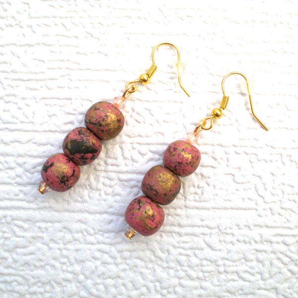 Wooden Bead Earrings in Pink Gold and Black Colours, Drop Dangle Earrings, Unique OOAK Handmade Jewellery in Cream Gift Box