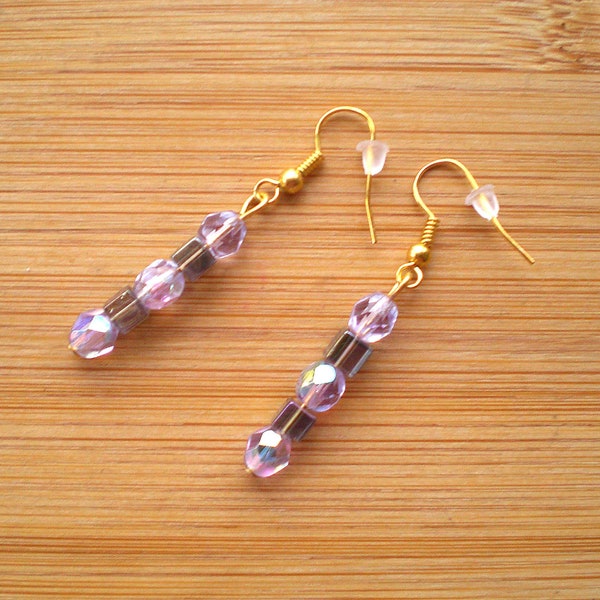 Pale Purple Czech Glass Bead Dangle Earrings, Blue Mauve Handmade Drop Earrings with Gold Plated Ear Wires, in Silver Jewellery Gift Box