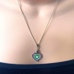 Heart Pendant Necklace, Pink Green and Blue Enamel Heart Pendant on Silver Plated Chain Necklace, in Gold Gift Box