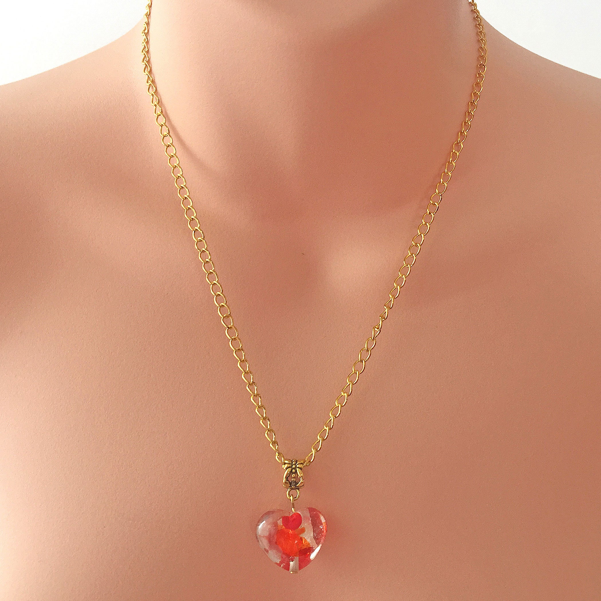 Red and Orange Glass Heart Pendant on Gold Plated Necklace - Etsy UK